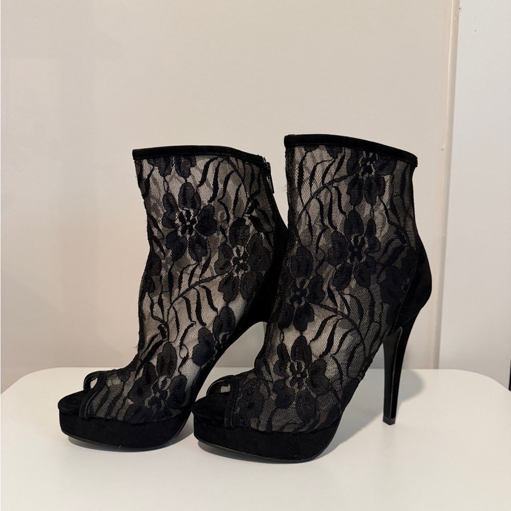 ALDO Black Lace Peep-Toe High Heel Booties - Picture 2 of 5